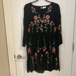 Anthropologie Black dress, embroidered flowers